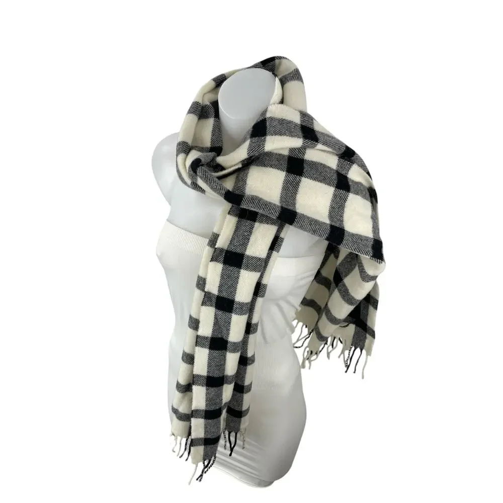 Scotch & Soda Wool Black White Plaid Check Fringe Snow Shawl Wrap Neck Scarf OS